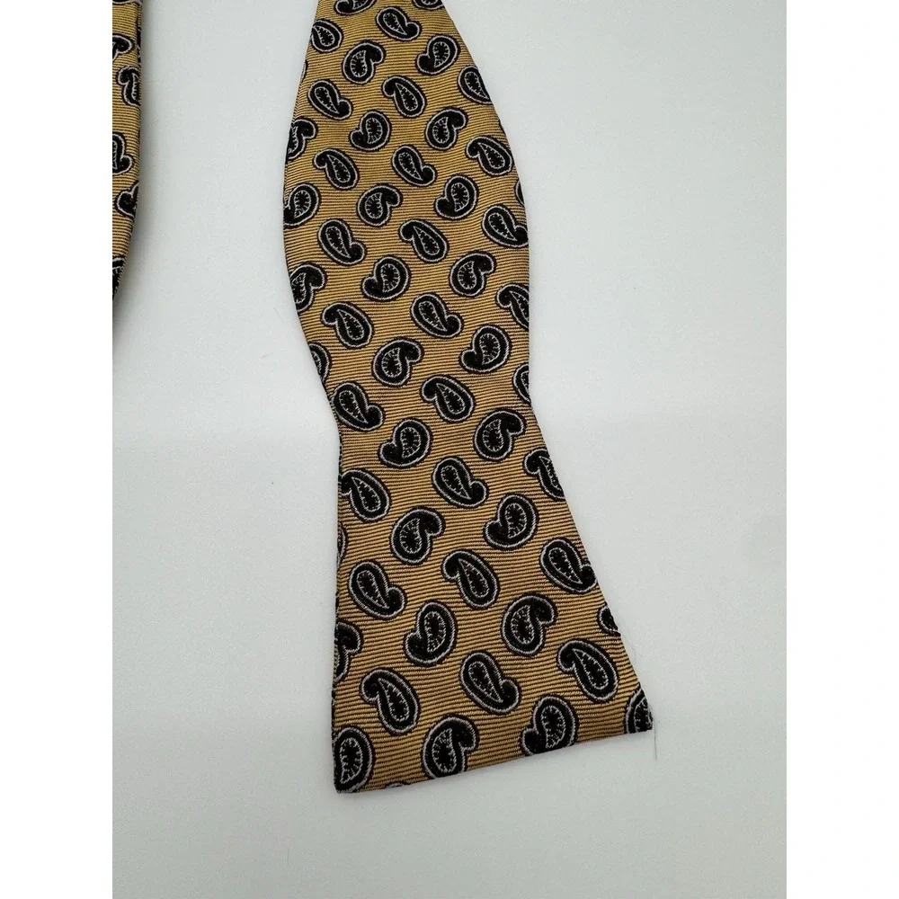 Vintage Silk Self Tie Bow Tie Gold Black Paisley Hand Made USA Adjustable